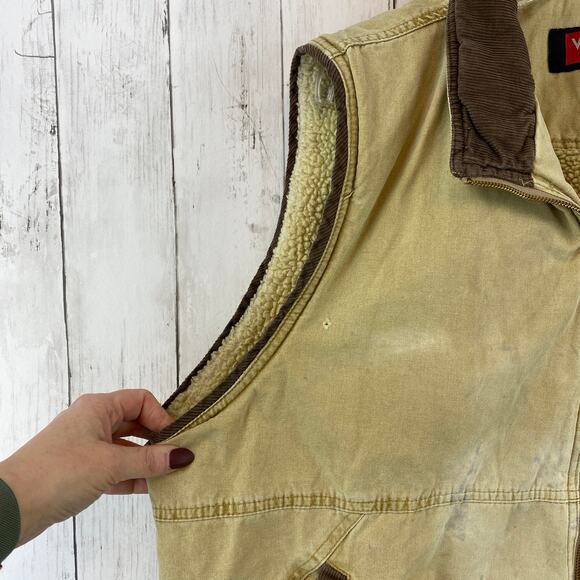 VTG Wrangler Hero Canvas Sherpa Lined Vest Full Zip Pockets Khaki Men's Size XL - Picture 6 of 10